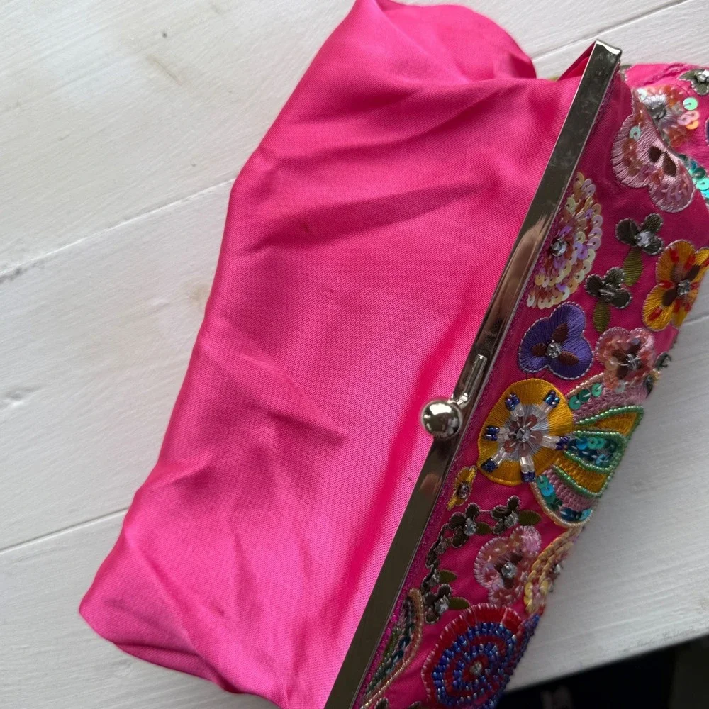 Hot Pink Embroidered Sequin Beaded Floral Clutch Evening Bag